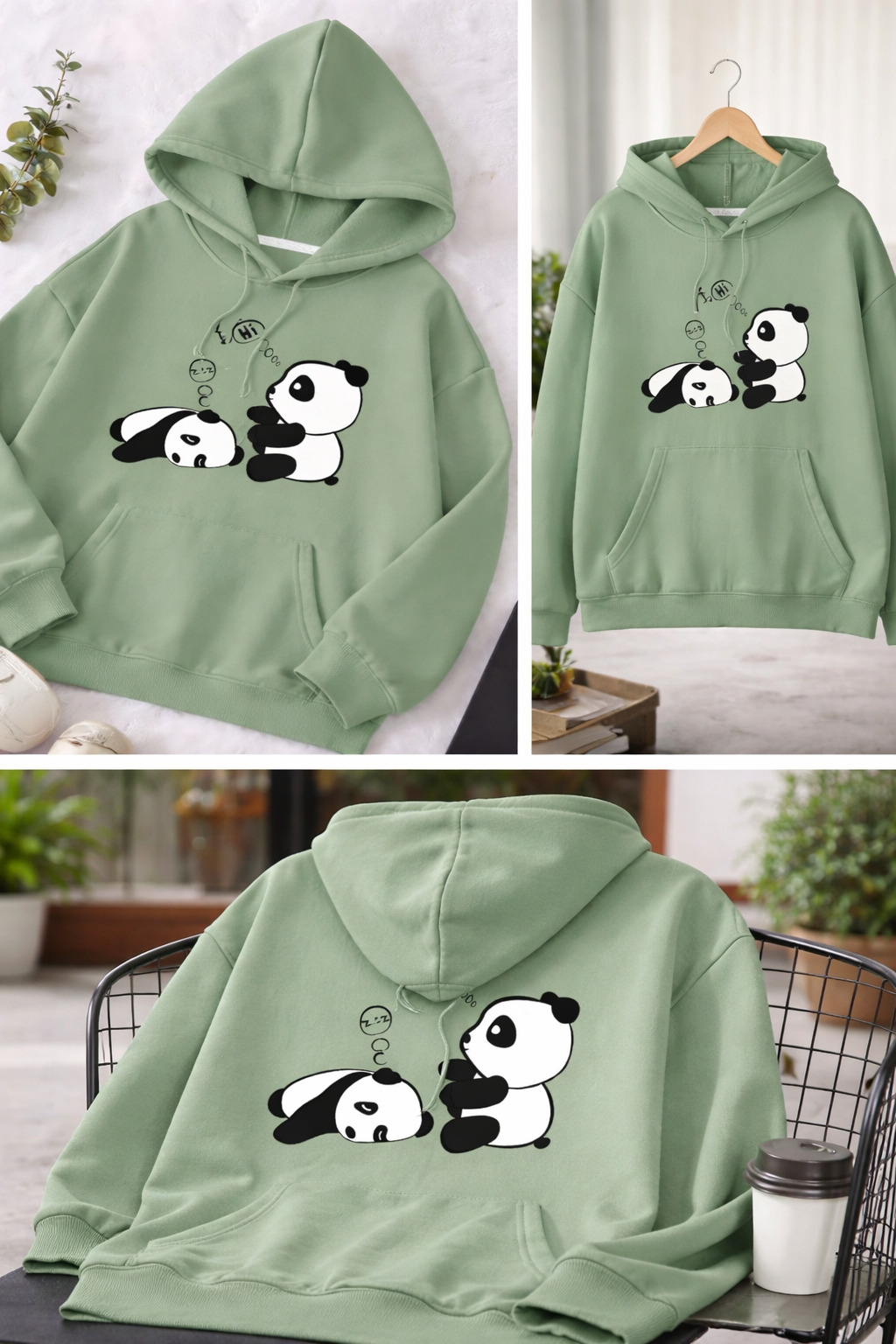 Cute Panda Friends Oversized Hoodie – Sage Green”